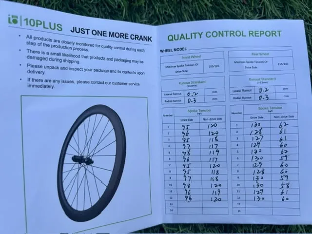 10PLUS road wheel QC report card, front/rear spoke tension and runout standards